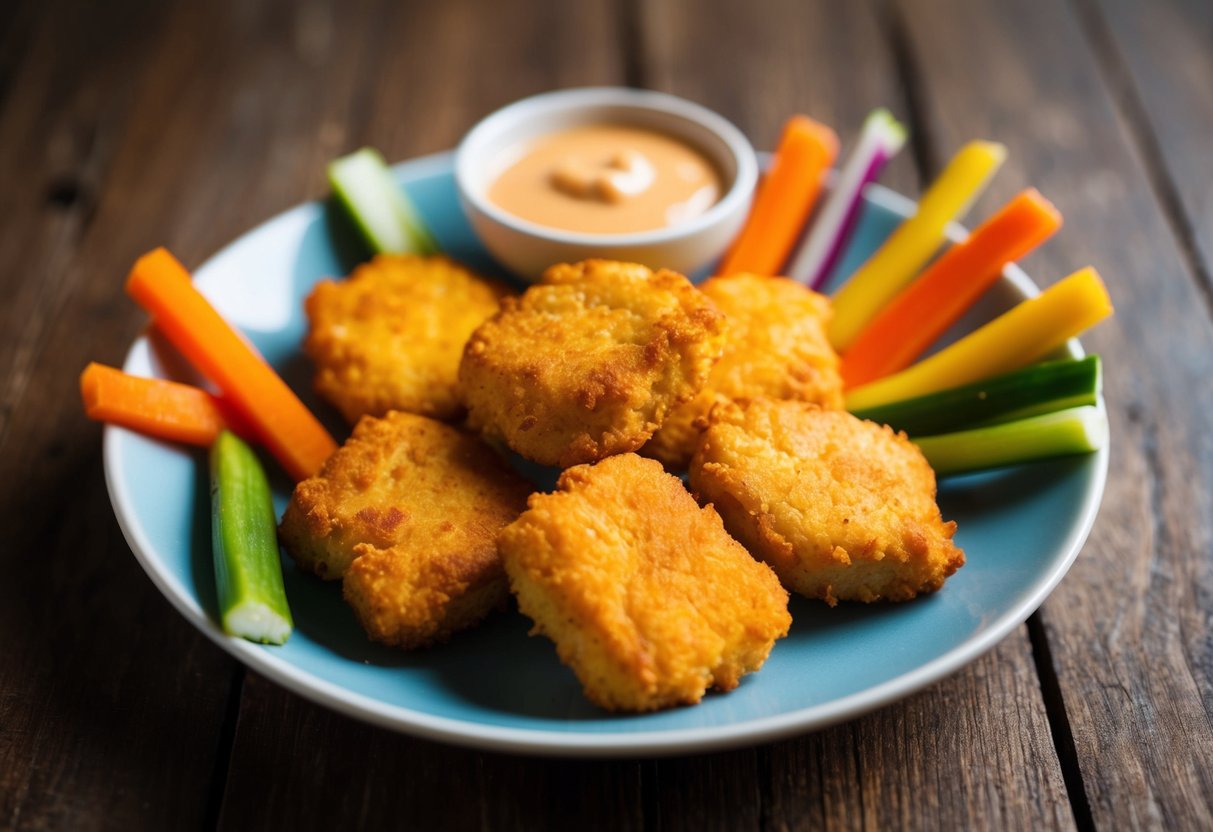 A plate of golden-brown Paleo chicken nuggets surrounded by colorful vegetable sticks and a small bowl of dipping sauce