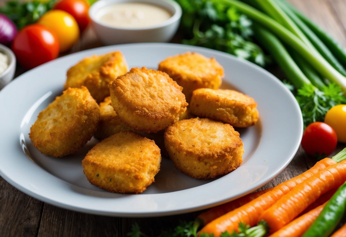 A plate of golden-brown Paleo chicken nuggets surrounded by a variety of colorful vegetables and a dipping sauce