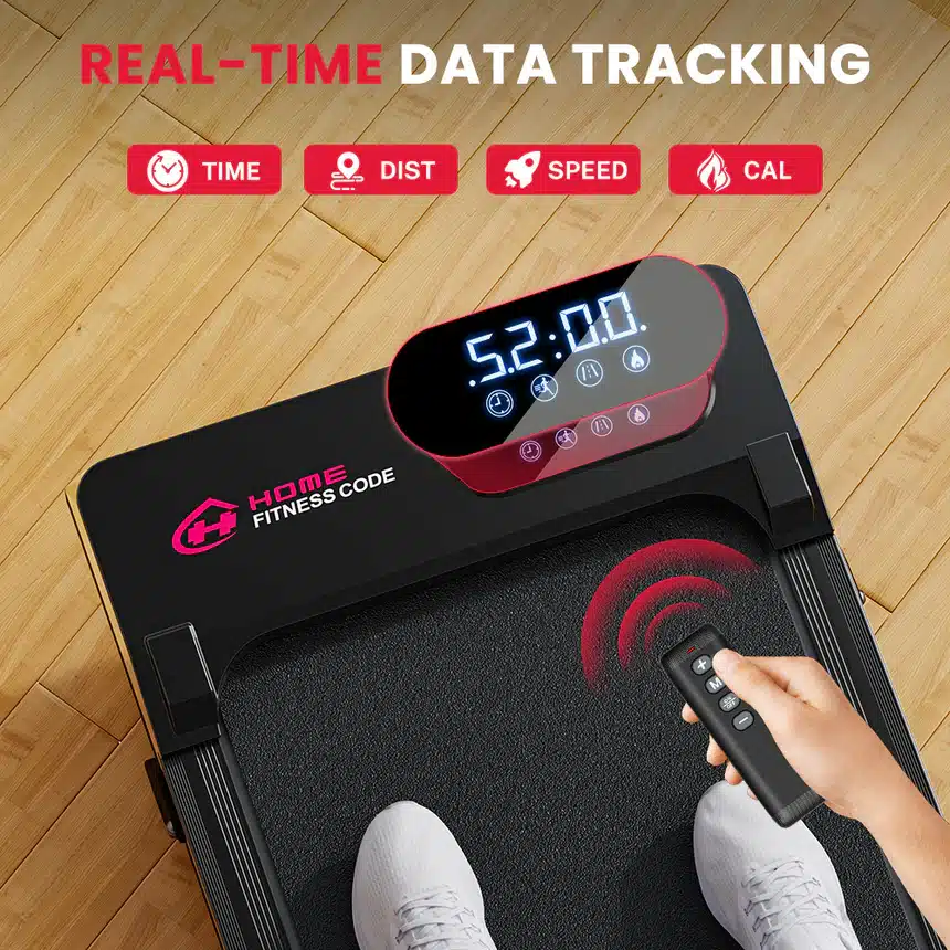 Home Fitness Code Treadmill T7 LED display showing time, distance, speed and calories