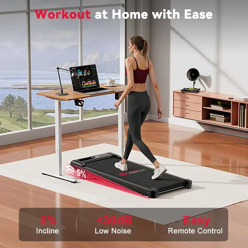 Home Fitness Code Treadmill Z3 in a home office, 5 percent incline and low noise