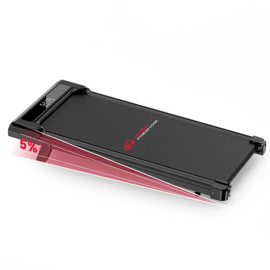 Home Fitness Code Treadmill Z3 folded, showing 5 percent incline