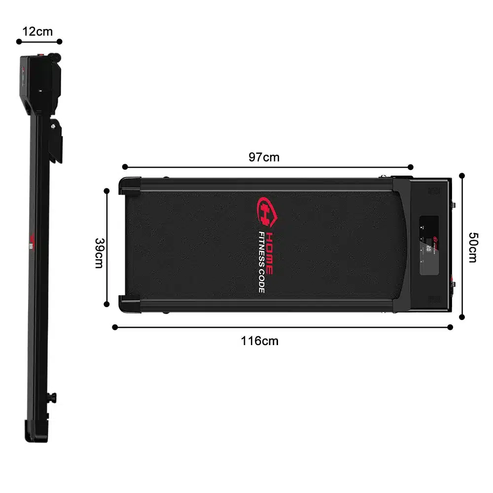 Dimension diagram for the Home Fitness Code C1 showing a 116cm by 50cm footprint, 12cm deck height and a 97cm by 39cm belt