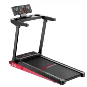 Home Fitness Code Q8 folding treadmill with handrail and console, shown unfolded