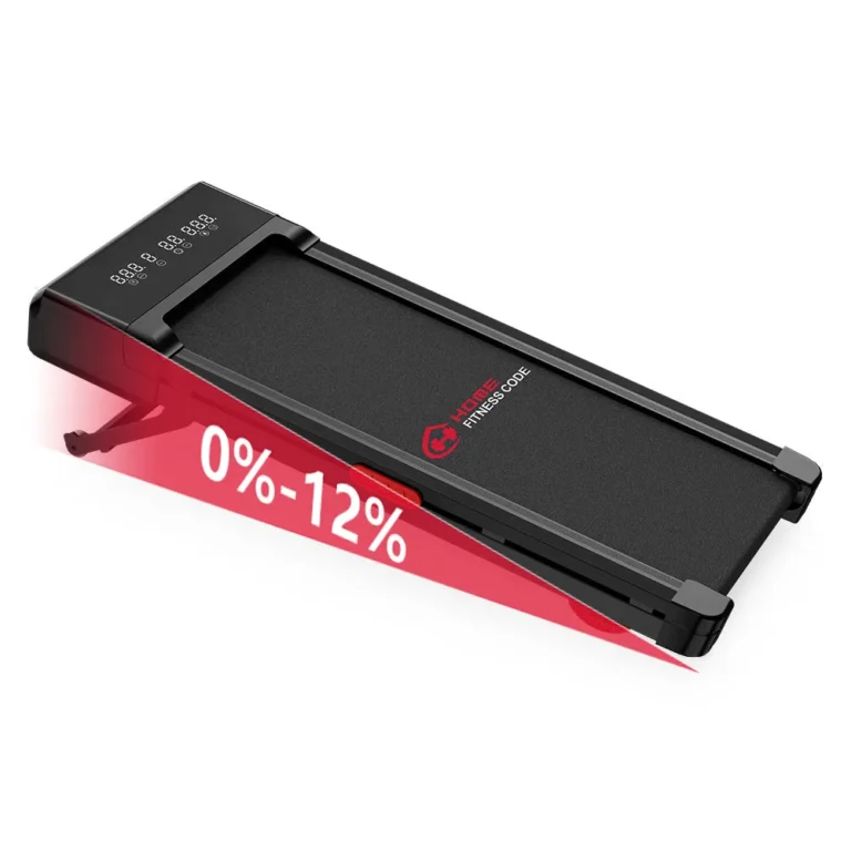 Home Fitness Code Y1 walking pad raised to its incline position, with the 0 to 12% incline range marked
