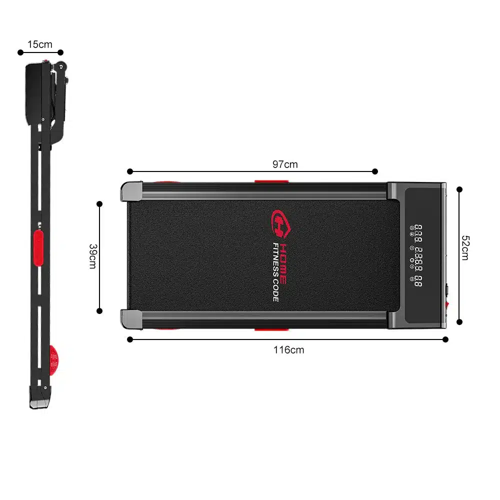 Home Fitness Code Treadmill Y3 dimensions diagram showing a 97 by 39 centimetre belt on a 116 by 52 centimetre deck