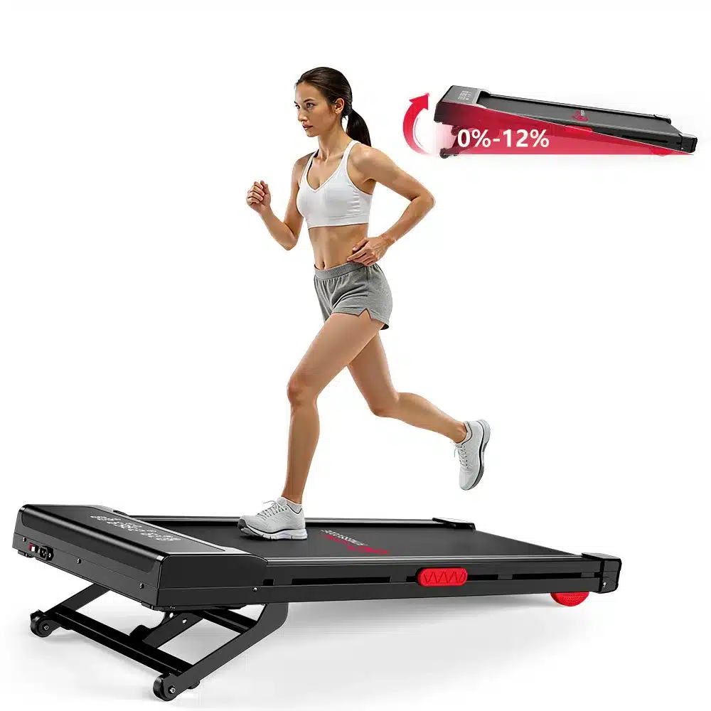 Woman walking on the Home Fitness Code Treadmill Y3 with the deck raised to 12 per cent incline