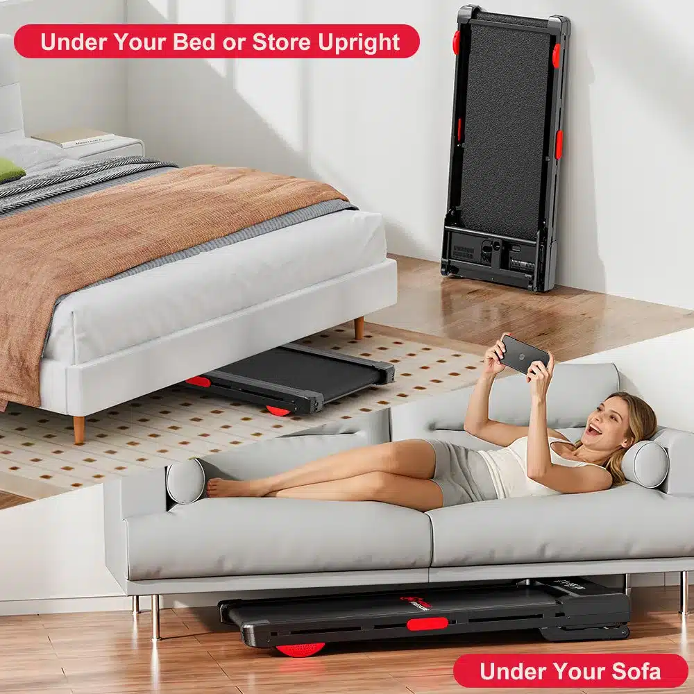 Home Fitness Code Treadmill Y3 stored flat under a bed and standing upright against a wall