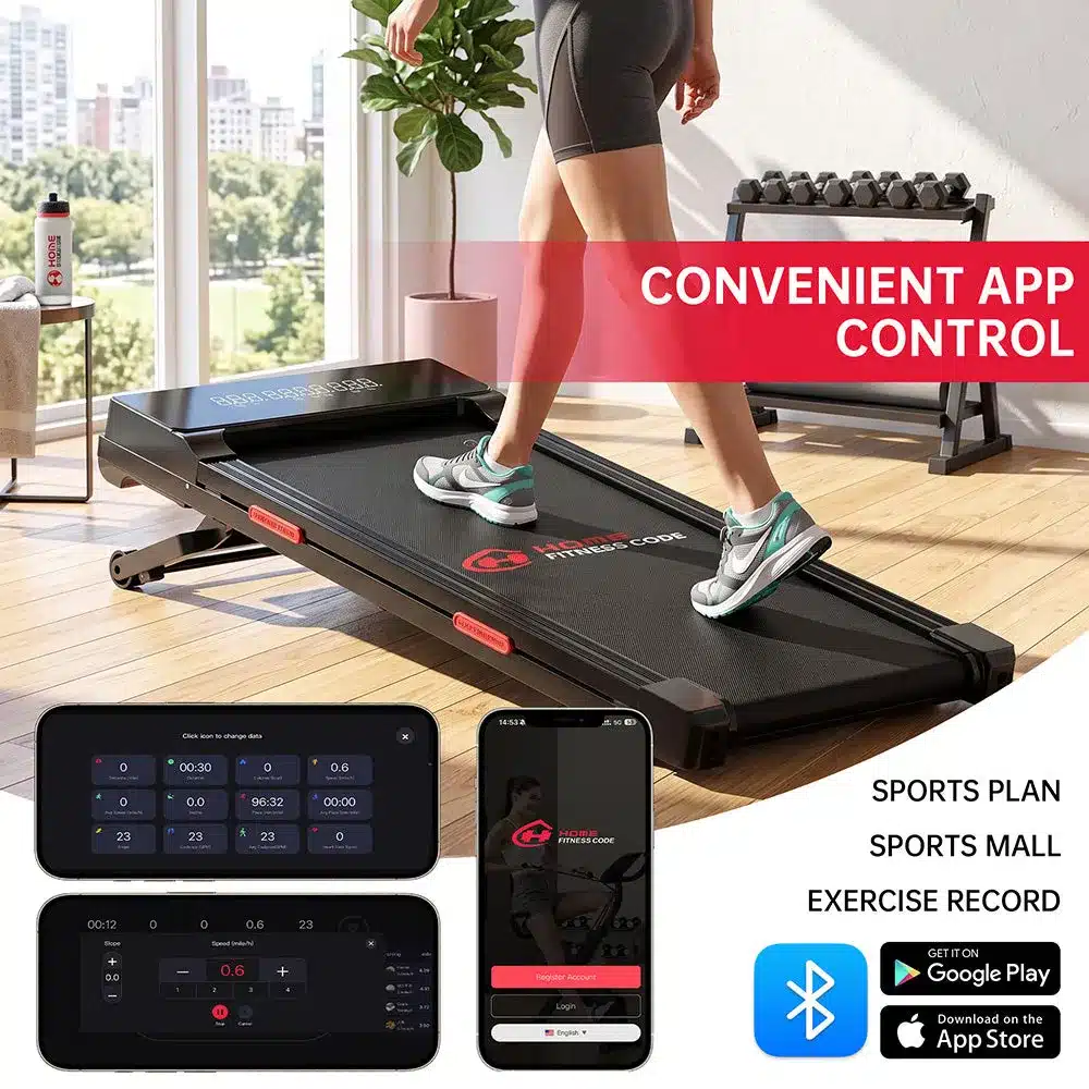 Retailer gallery image advertising app control for the Home Fitness Code Treadmill Y5 with Google Play and App Store badges