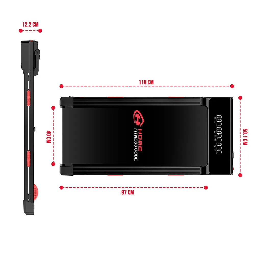 Home Fitness Code Treadmill Y5 dimensions diagram showing a 12.2 centimetre height and a 118 by 50.1 centimetre deck