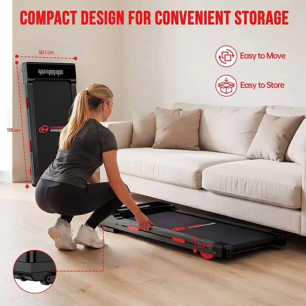Home Fitness Code Treadmill Y5 being slid under a sofa for storage