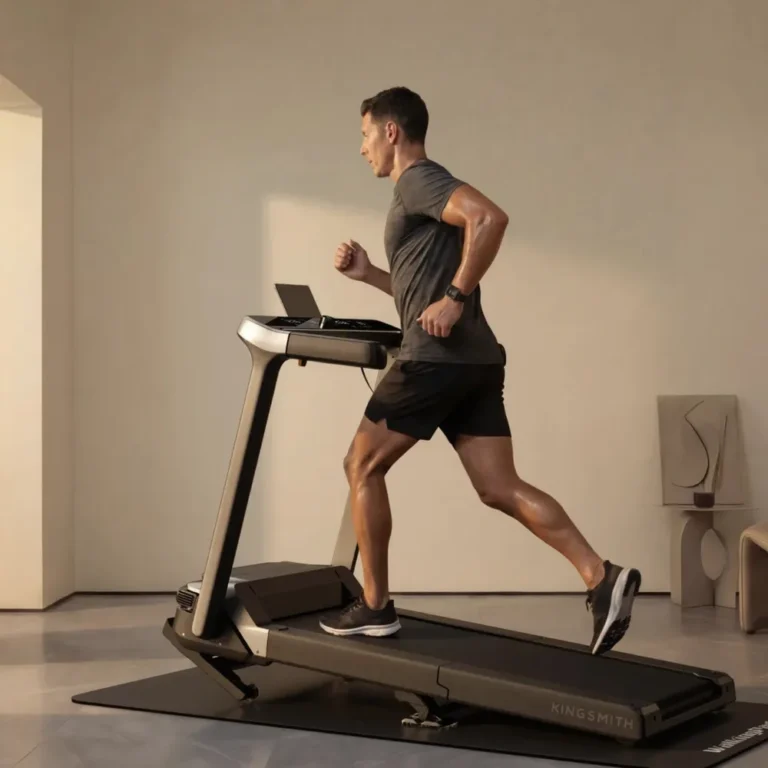 Man running on the KingSmith WalkingPad G5i with the deck raised on incline