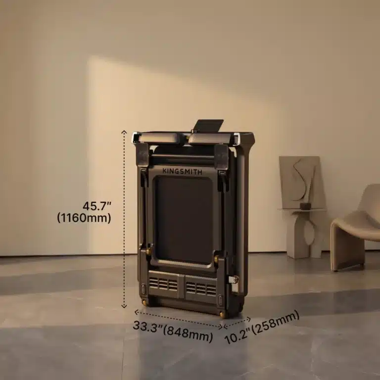 KingSmith WalkingPad G5i folded and stored upright against a wall